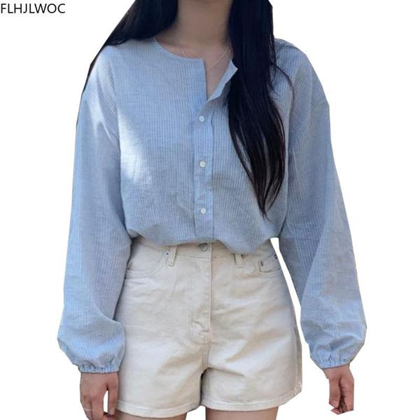 

women's blouses & shirts lantern sleeve cute fall autumn blue striped long single-breasted button preppy style women blusas, White