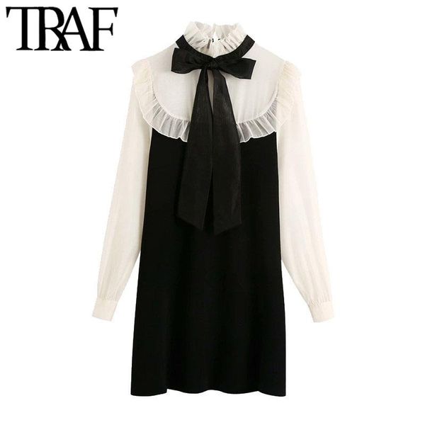 

casual dresses traf women fashion with tied organza patchwork knitted mini dress vintage high collar long sleeve female mujer, Black;gray