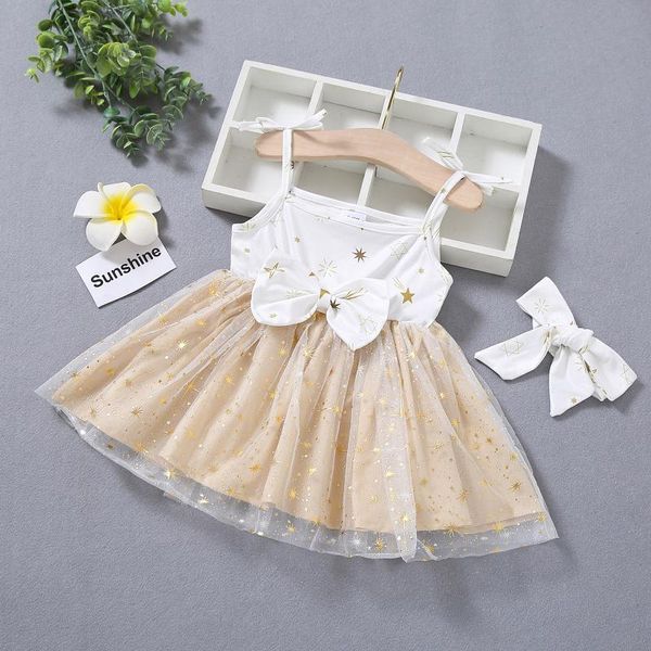 

summer born infant baby girls sleeveless star printed bowknot tulle suspender princess party dress with headbands clothes girl's dresse, Red;yellow