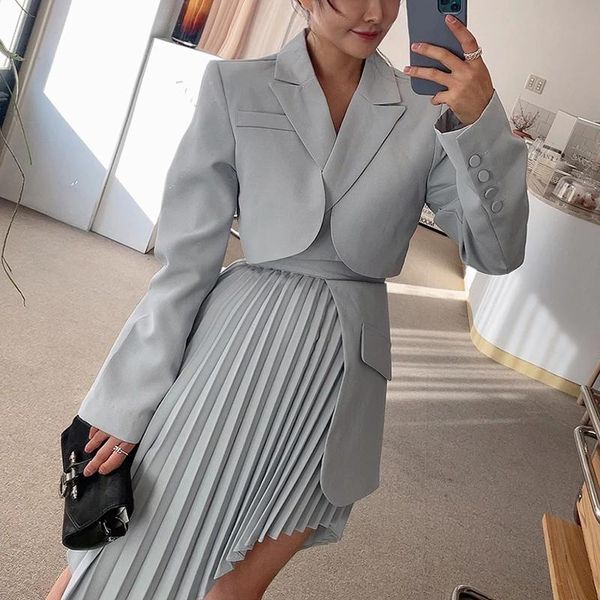 

two piece dress pleated asymmetrical skirt female sets for women notched long sleeve temperament blue set, White