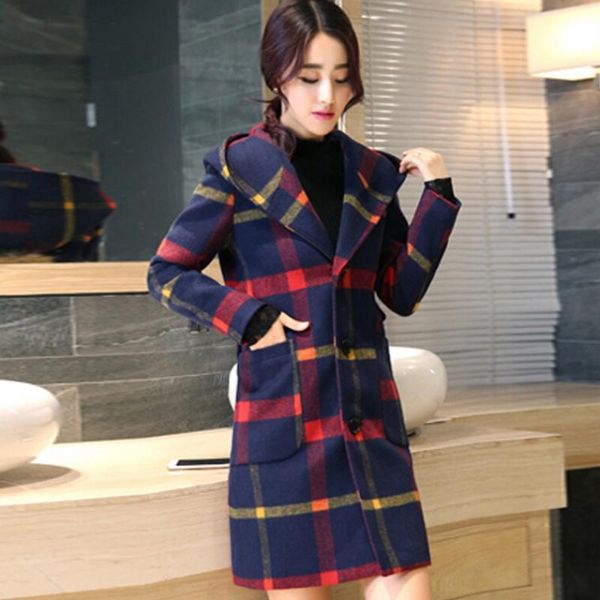 

women's trench coats women grid hooded overcoat long sleeve slim fit woolen windproof warm outwear vn 68, Tan;black