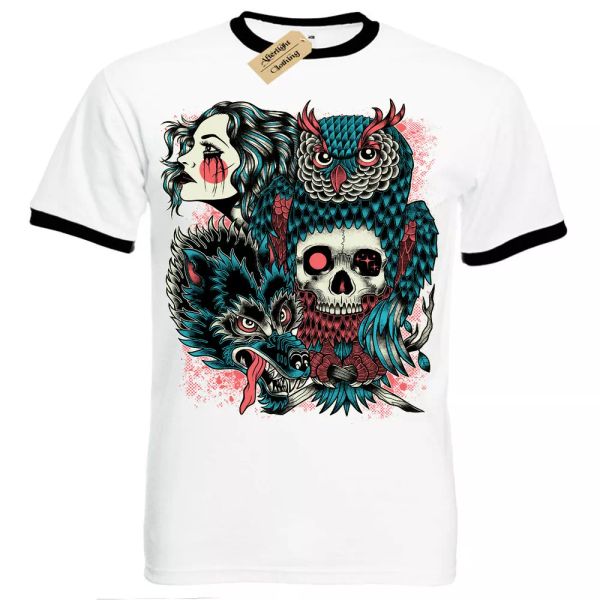 

Salvaje Nativo Camiseta Tribal Mujer Calavera Hombre Ringer, White;black