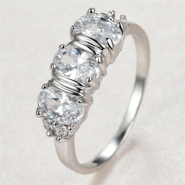 

wedding rings oval three stone ring white crystal zircon for women jewelry vintage fashion silver color engagement promise, Slivery;golden