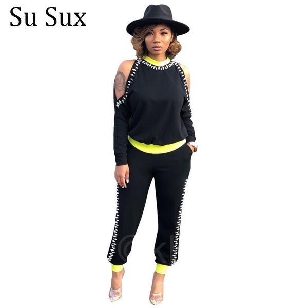 

casual two piece set women's outfits fashion hollow out pearl 2 black tracksuits sweatsuits female vestidos autumn pants, White