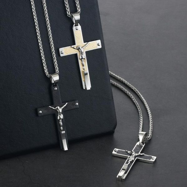 

pendant necklaces stainless steel necklace for men christian jesus cross religious crucifix male jewelry father gifts mn213, Silver