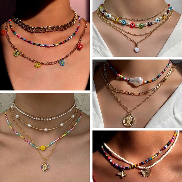 

chokers multilayer rainbow acrylic beaded necklace for women pearl choker flower coin evil eye chain turkish retro boho jewelry, Golden;silver
