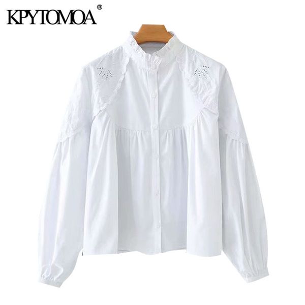

women fashion with ruffle trims embroidery loose blouses vintage lantern sleeve button-up female shirts chic 210416, White