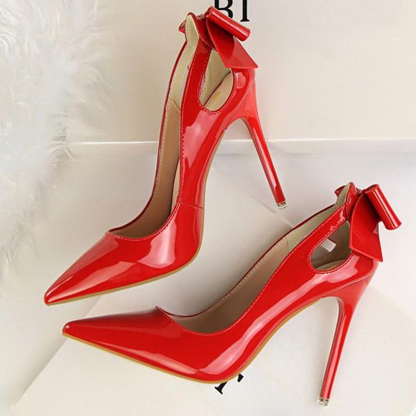 

dress shoes 2021 women 10cm high heels pumps nightclub slip on patent leather wedding girls bow knot scarpins office party, Black