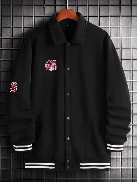 

men letter embroidery striped trim thermal jacket f7xh#, Black;brown