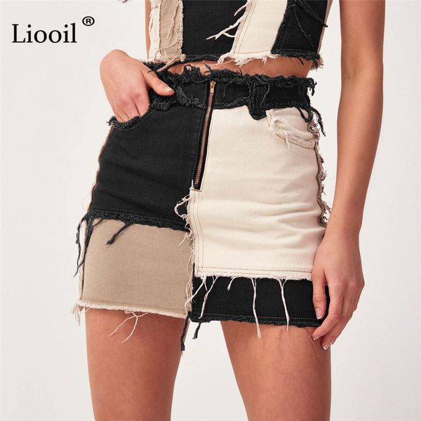 

liooil patchwork cotton denim high waist a-line skirts with pockets autumn streetwear color block zipper women mini skirt 210323, Black