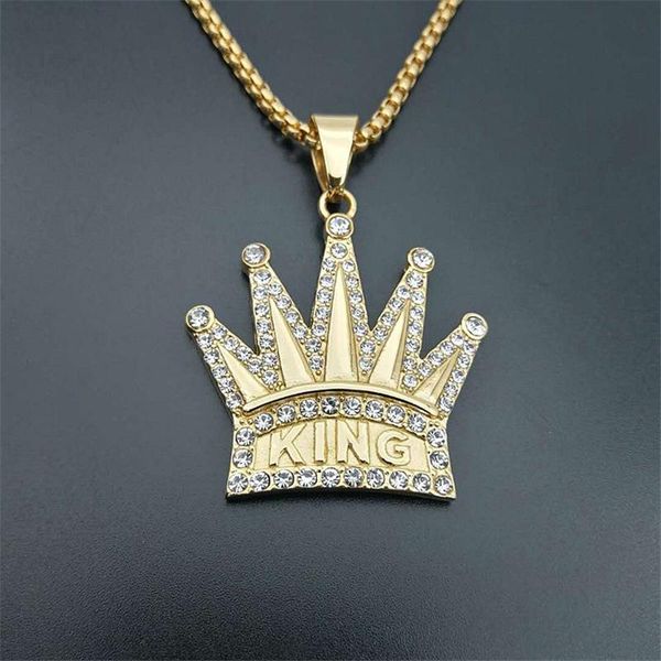 

pendant necklaces hip hop full iced out bling solid back crown king cz cubic zircon stainless steel & pendants for men jewelry, Silver