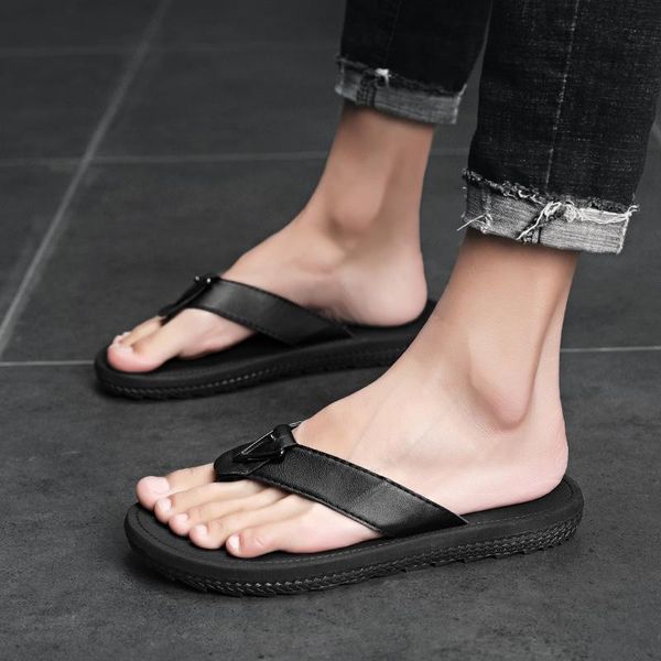

summer mens slippers luxury soft bottom non-slip lightweight male flip flops beach shoes flats zapatillas casa hombre, Black