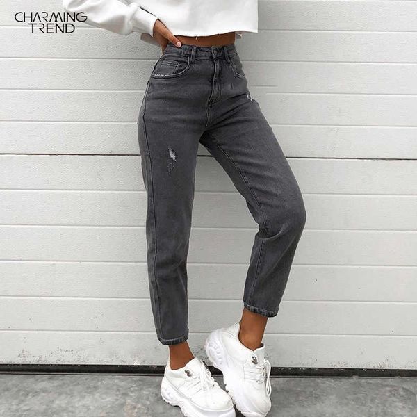 

tight elastic jeans women's feet pants nine pants distressed autumn winter vintage high waist denim trousers women gray 210616, Blue