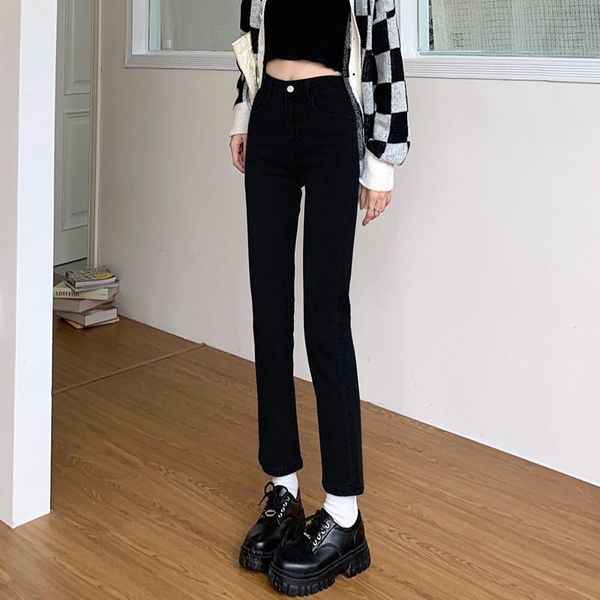

women's jeans high waist children's spring autumn 2021 black slim fit cropped pants straight pipe rac, Blue