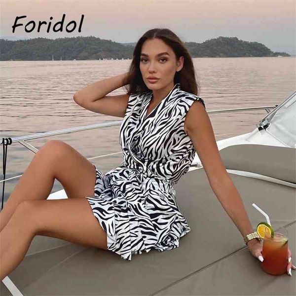 

foridol zebra print blazer rompers women sleeveless sash high fashion playsuits overalls summer new beach rompers 210415, Black;white
