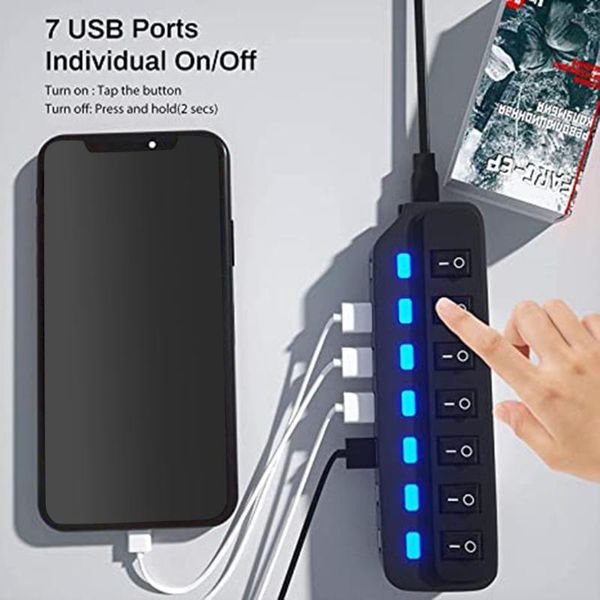 

hub 3.0 splitter,1 to 7 port usb data with individual on/off switches and lights for lap pc, computer t84c hubs