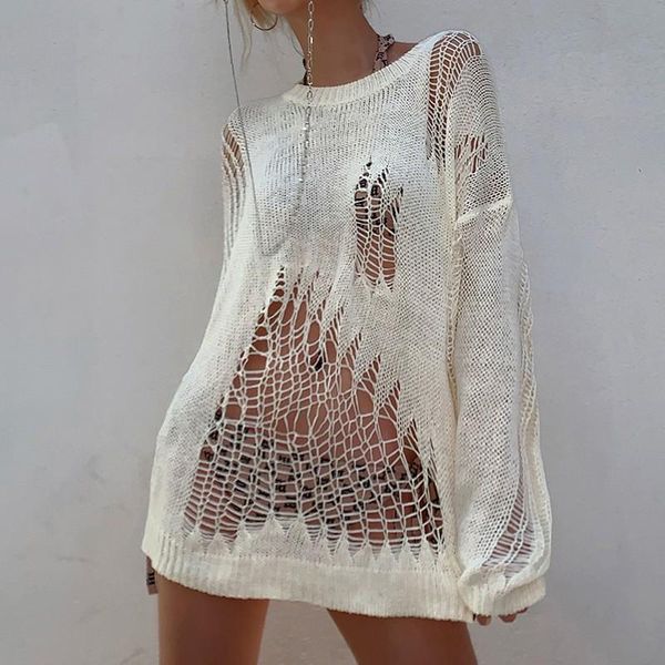 

women's sweaters hollow out sweater women loose knitted hole thin pullovers long sleeve oversized streetwear american style 90s, White;black