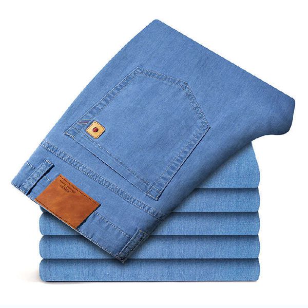 

thin summer wide leg jeans men's loose and fat casual ice silk soft breathable straight pants, Blue
