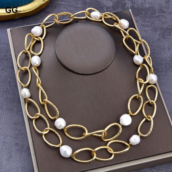 

chains guaiguai jewelry 39" 13-15mm natural baroque keshi pearl gold color plated chain necklace for women, Silver