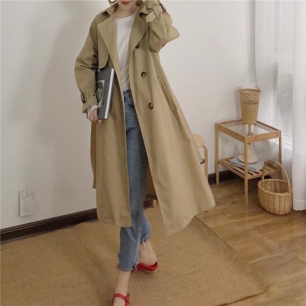 

women's trench coats windbreaker 2021 autumn long coat casual double-breasted retro ladies temperament waist tie with split, Tan;black