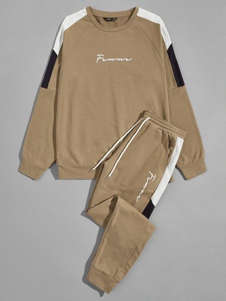 

men contrast sideseam letter pullover and joggers set 12ap#, Gray