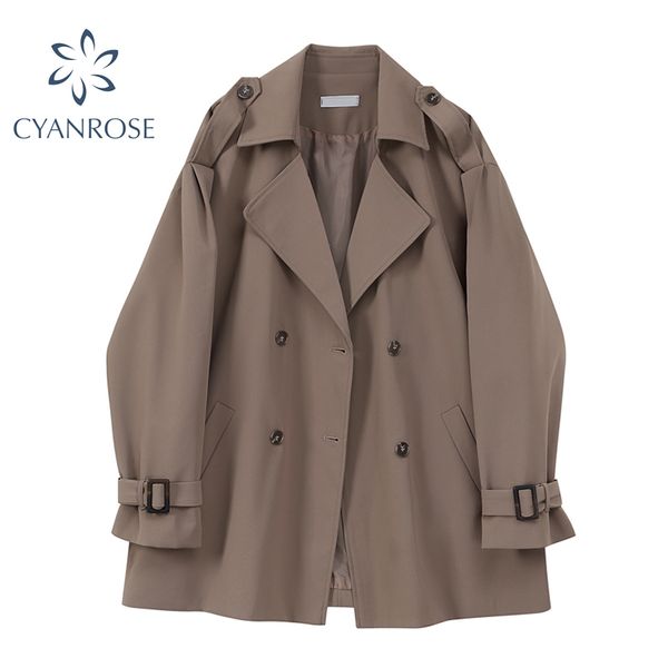 

solid trench coat women spring double breasted cardigan notched collar jacket female loose straight casual korean outerwear 210417, Tan;black