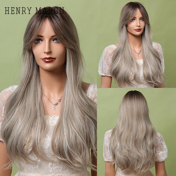 

henry margu ombre black brown white long wave synthetic wig with bang cosplay hairstyle hair wig for women heat resistant