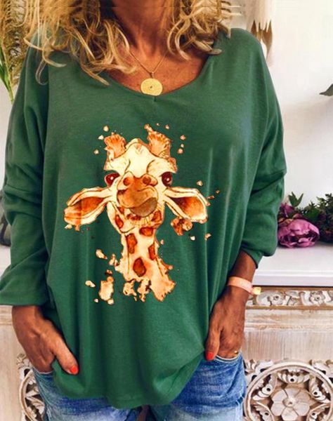 

women's t-shirt women t shirt cartoon giraffe print loose long sleeve v neck casual tshirts harajuku vintage ropa mujer street tee, White