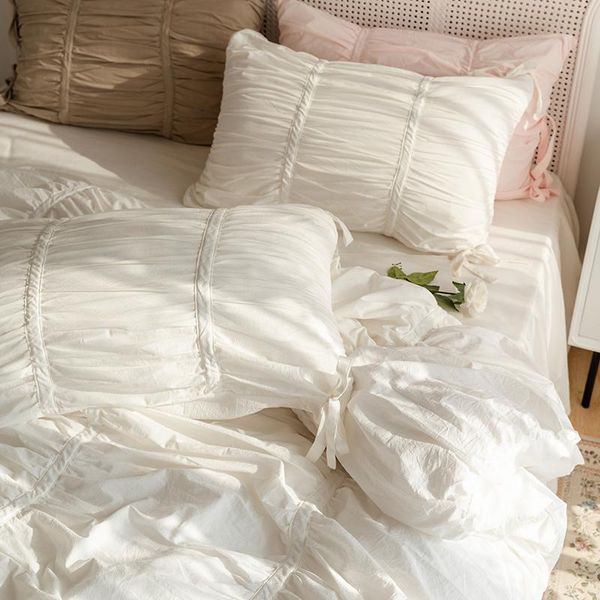

bedding sets korean style seersucker washed cotton ins bow quilt cover pure light luxury set bed skirt sheet full  4 pcs
