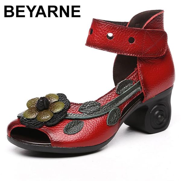 

women thick heels sandals flower ethnic style summer handmade genuine leather shoes personalized sandale289, Black