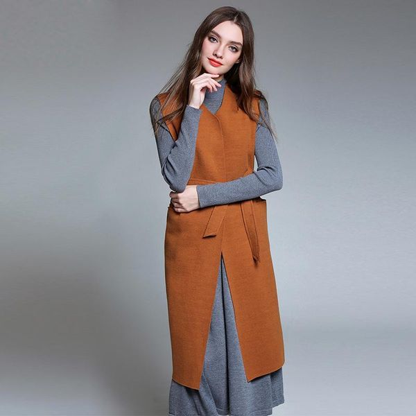 

women's vests 2021 designer women woollen long vest coat autumn winter plus size v neck womens woolen sleeveless outerwear 3 colors, Black;white