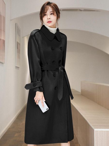 

women fashion double-faced woolen coat autumn winter elegant mid-length loose and warm over the knee with belt women's wool & blends, Black