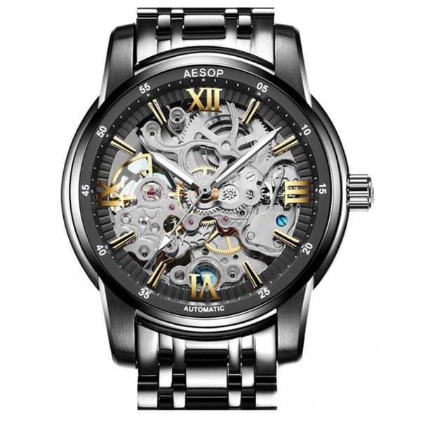 

wristwatches aesop men automatic mechanical watch skeleton tourbillon sport clock man business retro sapphire wristwatch relojes hombre, Slivery;brown