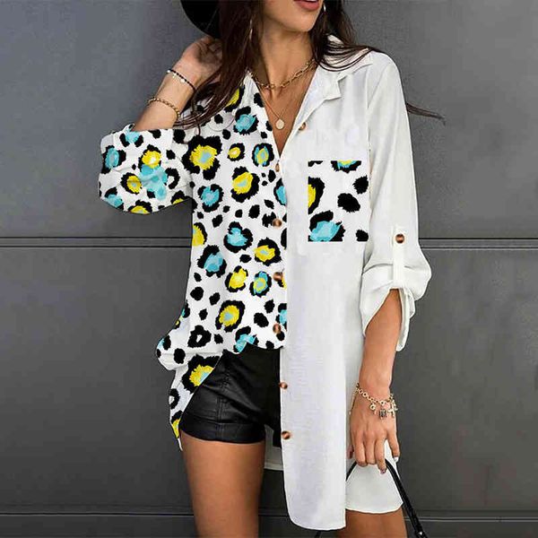 

women loose plus size floral print patchwork pocket blouse spring summer ladies casual long sleeve turn-down collar shirts 210416, White