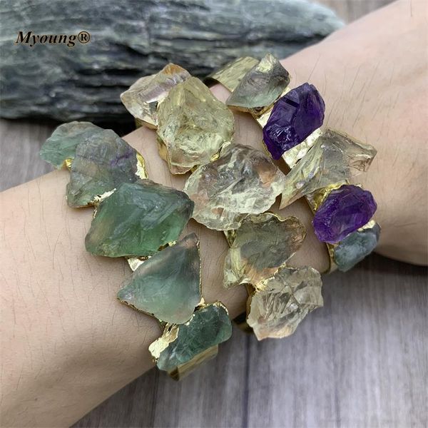 

bangle boho chic crystal open gold raw stone rough citrines amethysts fluorite bracelet cuff my210720, Black