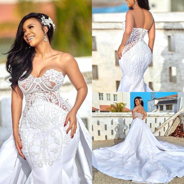 Sirena 2021 Abiti da sposa africani Abiti da sposa Gonna staccabile Sweetheart Appliqued Sposa in raso Taglie forti Robes De Marie