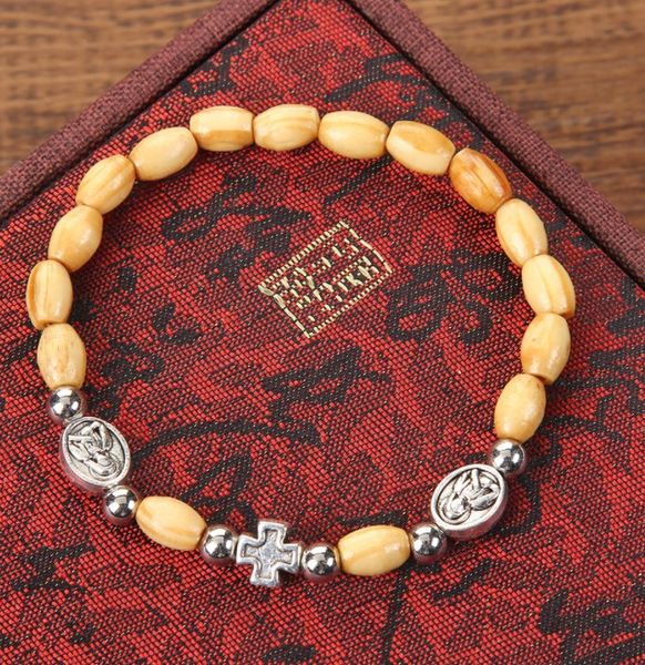 

european and american pine bead elastic alloy bangle handmade beaded virgin mary christian cross bracelet, Black