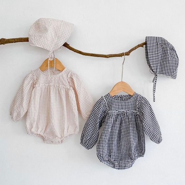 

rompers 2021 autumn baby girl plaid bodysuit with hat infant kids long sleeve cotton clothes sweet toddler jumpsuit outfits, Blue