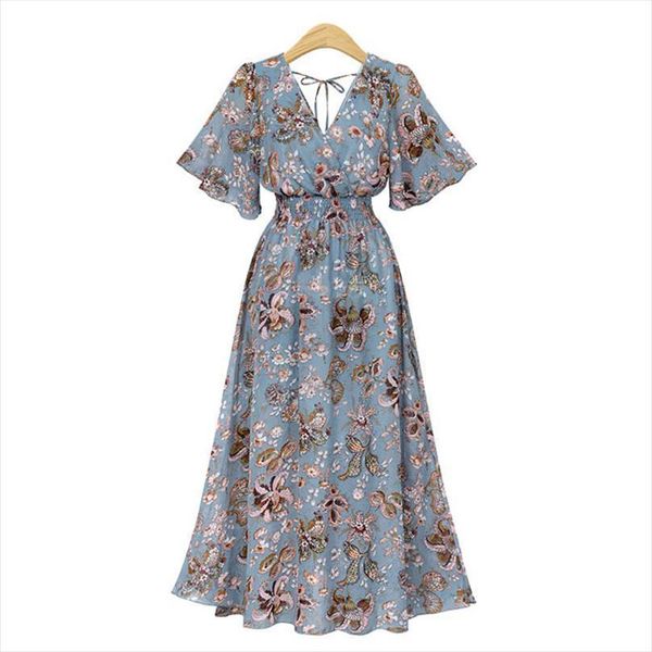

summer long v neck womens dresses floral print short sleeve loose boho beach elegant wrap sundress robe, Black;gray