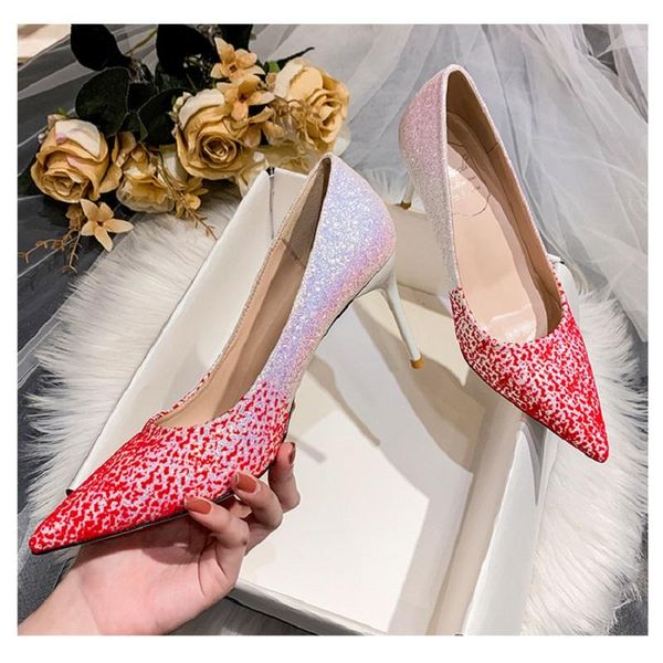 

dress shoes spring stiletto heel pointed shallow mouth sequin bridal wedding banquet large size small women's, Black