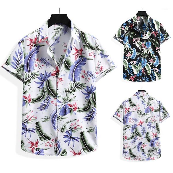 

men's casual shirts shirt summer leaf flower feather print lapel blouse clothing hawaiian short sleeve camisa masculina, White;black