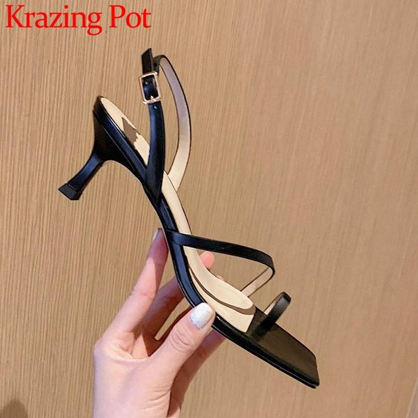 

krazing pot 2021 genuine leather high heels peep toe set finger lovely flip flops street wear office lady dating sandals l65, Black