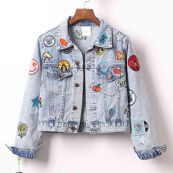 

women blue denim jacket turn down collar long sleeve single-breasted short cute cartoon embroidery c0491 210514, Black;brown