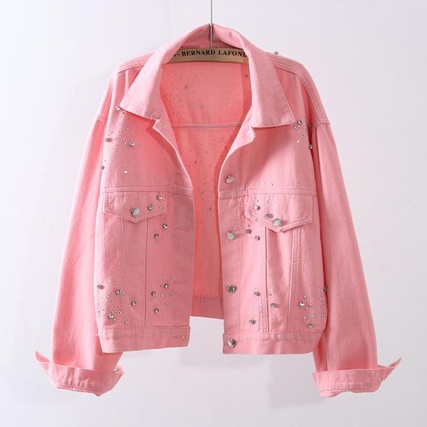 

women's jackets 2021 short harajuku beaded diamond candy color women denim jacket autumn loose casual female jean cowboy outerwear, Black;brown