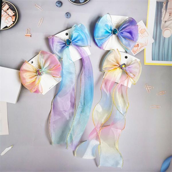 

hair accessories 8pcs/lot gradient color bow for girls hairpin flash diamond braided long ribbon clip children, Slivery;white