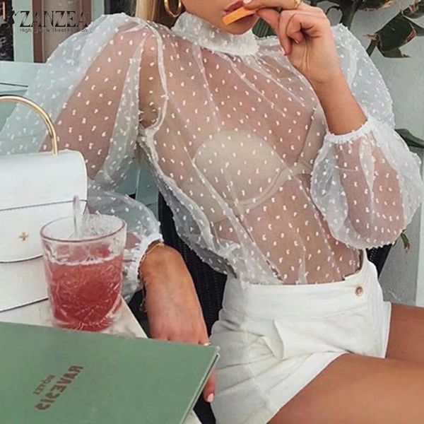 

women's blouses & shirts transparent mesh 2021 zanzea blouse stylish puff sleeve blusas casual polka dot plus size summer tunic, White