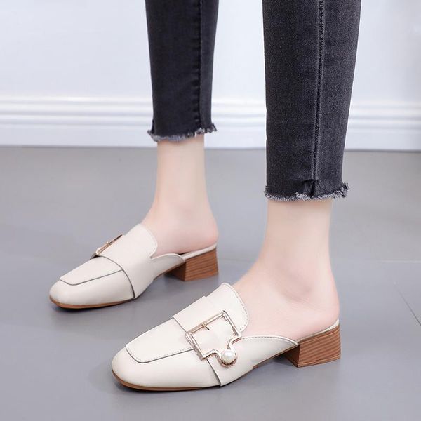 

slippers autumn women fashion mules lady leather casual slides belt buckle pointed toe middle heels shoes, Black
