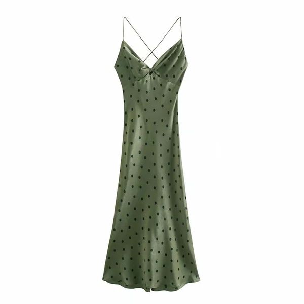 

2021 new women dot dress gathered v-neck satin thin strap cozy elegant lady woman midi dress, Black;gray