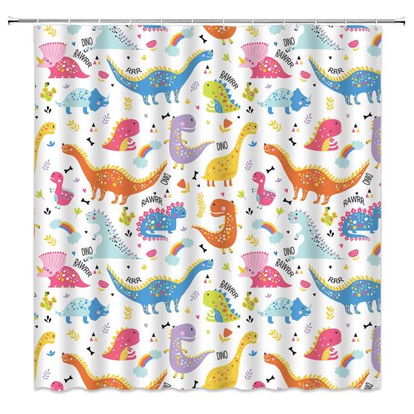 

cartoon dinosaur shower curtain,cute dinosaurs rainbow funny kids nursery jurassic illustration fabric bathroom decor,hooks