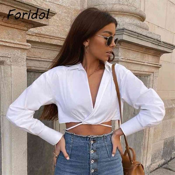 

foridol deep v neck white shirt blouse women long sleeve lace up spring summer high fashion crop 210415